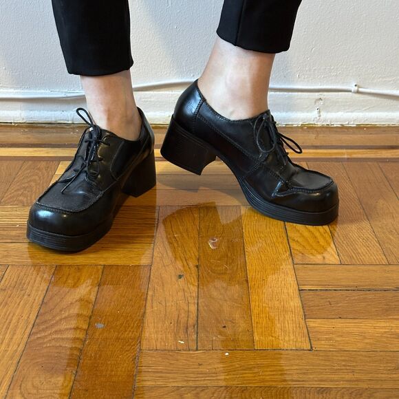 Vintage Mudd Dawson Platform Loafer Black Y2K Square Toe Chunky Lace Up 11w - Picture 2 of 10